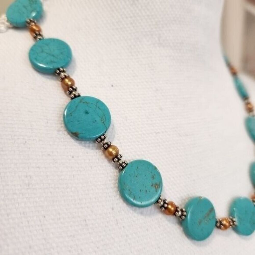 Faux Turquoise Necklace Stone and Gold Bead Necklace - Picture 2 of 3